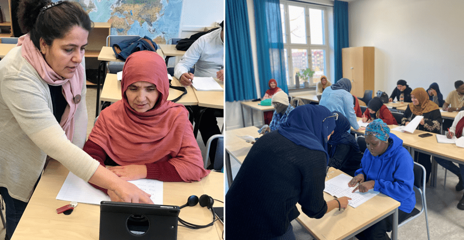 Språkstödjare och sfi-elever i klassrummet.