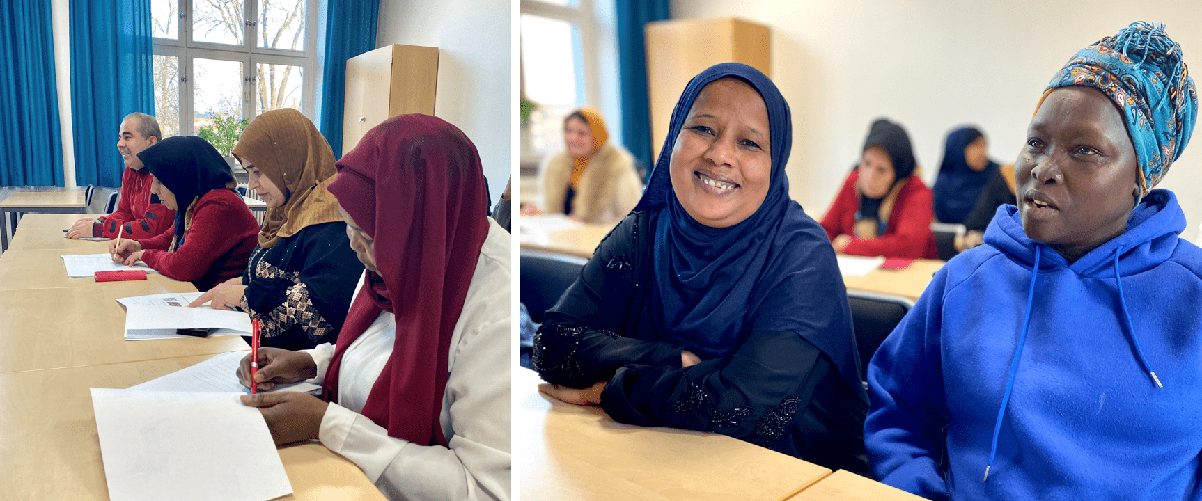 Fyra elever sitter och skriver. Två elever skrattar.