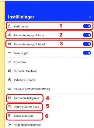 Bilden visar de olika inställningar du kan göra i whiteboard