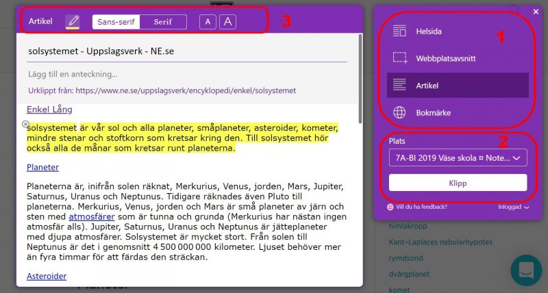 Använd Webclipper för att klippa en text till Onenote.