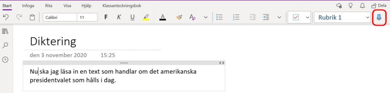 Dikteringsverktyget i OneNote.