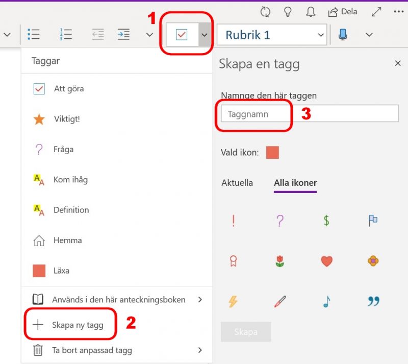 Använda färdiga taggar i texten eller skapa egna.