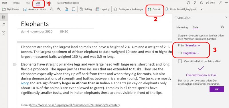 Verktyget för översättning av text i OneNote.