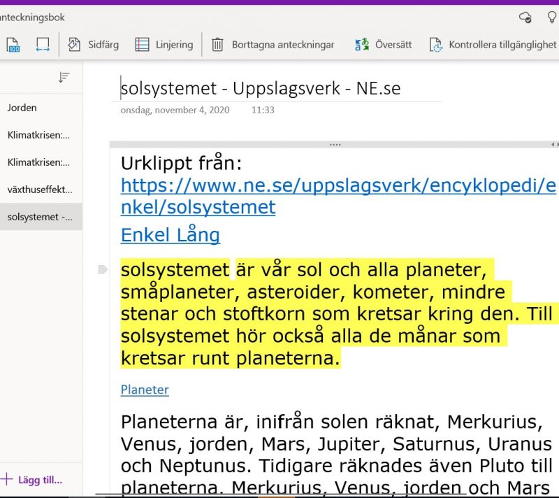 Urklippet i OneNote.