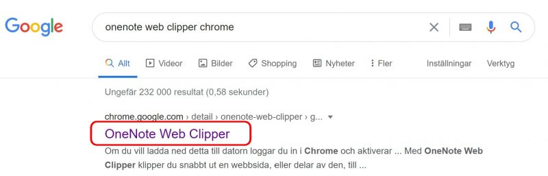 Bilden visar sökresultatet för OneNote webbbclipper i Google Chrome