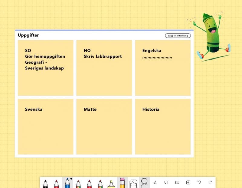 Bilden visar hur du infogar olika element i whiteboard, t ex notisar i rutnät