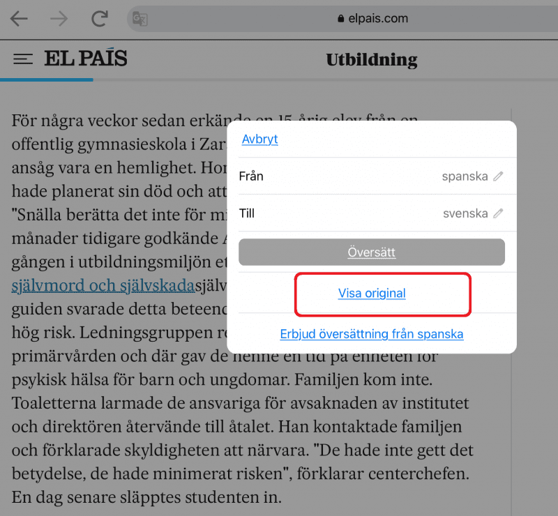 Bilden visar hur du visar originaltexten.