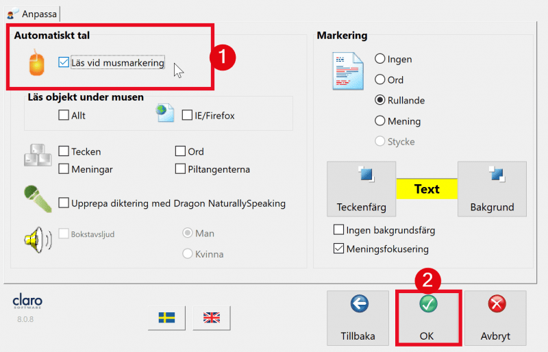 Inställningar för automatiskt tal.