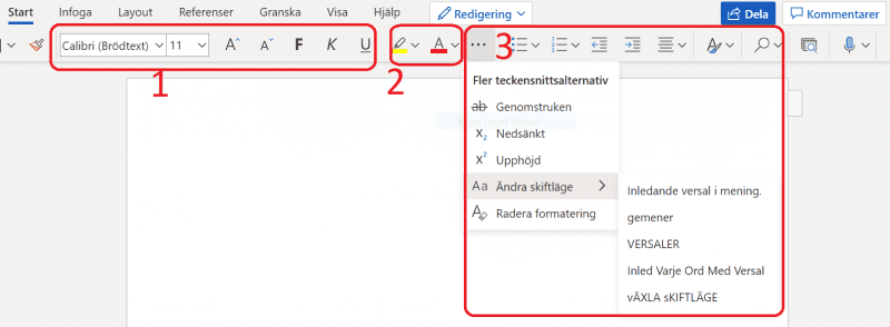 Startmenyn i Word.