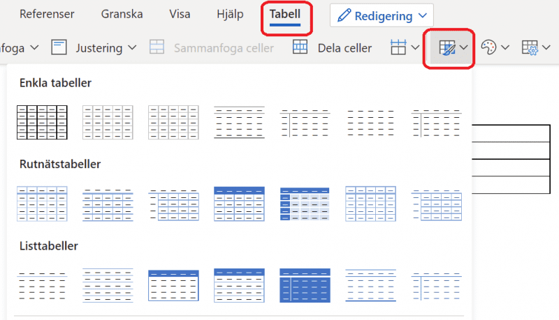 Välja olika design för tabellen.