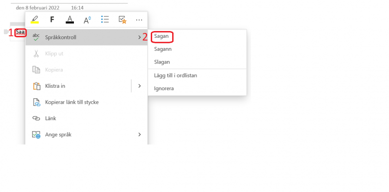 Rättstavning i OneNote på datorn.