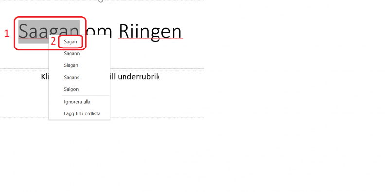 Rättstavning i Powerpoint på datorn.
