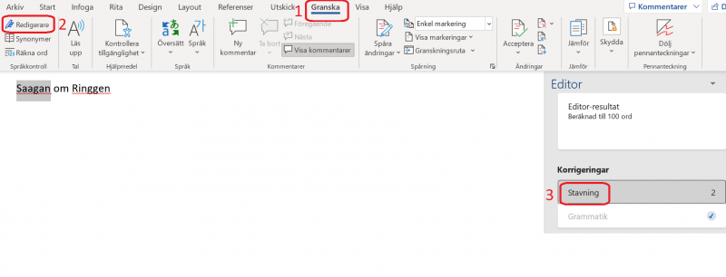 Rättstavning med redigera-verktyget i Word på datorn.
