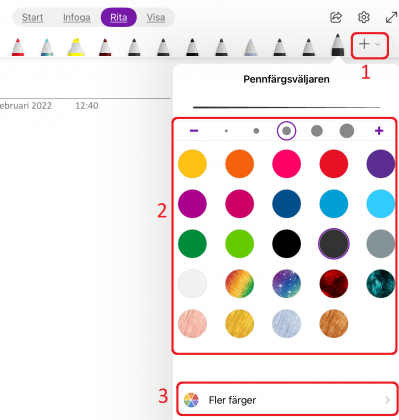 Bilden visar hur du gör för att lägga till nya pennor. Välj fler färger om du vill ha en valfri färg på pennan.