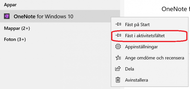 Fäst OneNote i aktivitetsfältet