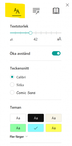 Bilden visar de textinställningar som kan göras i Avancerad läsare. Uppifrån och ner är dessa: textstorlek, öka avstånd, teckensnitt och tema (byte av bakgrundsfärg). 