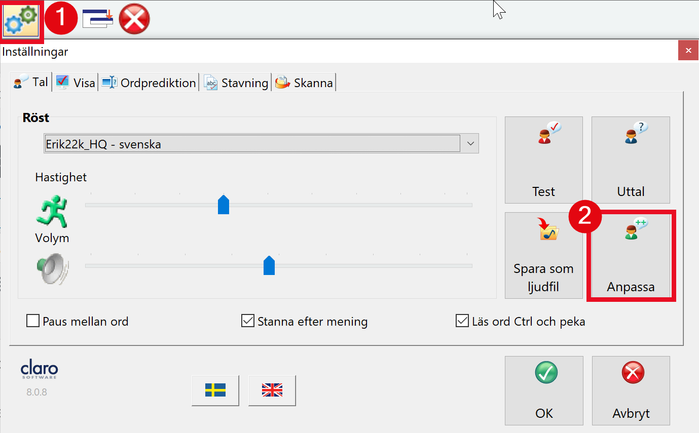 Ställer in ClaroRead att läsa vid musmarkering
