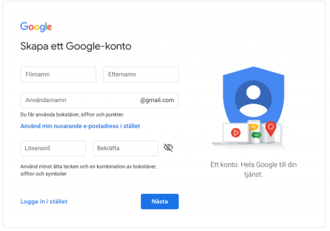 Bild på rutan med fält för att skapa google-konto