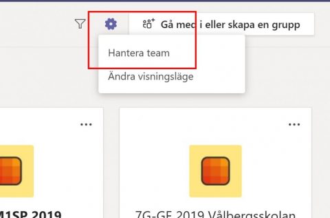 Arkivera Team: klicka på kugghjulet uppe till höger på Teamsytan och välj: hantera Team