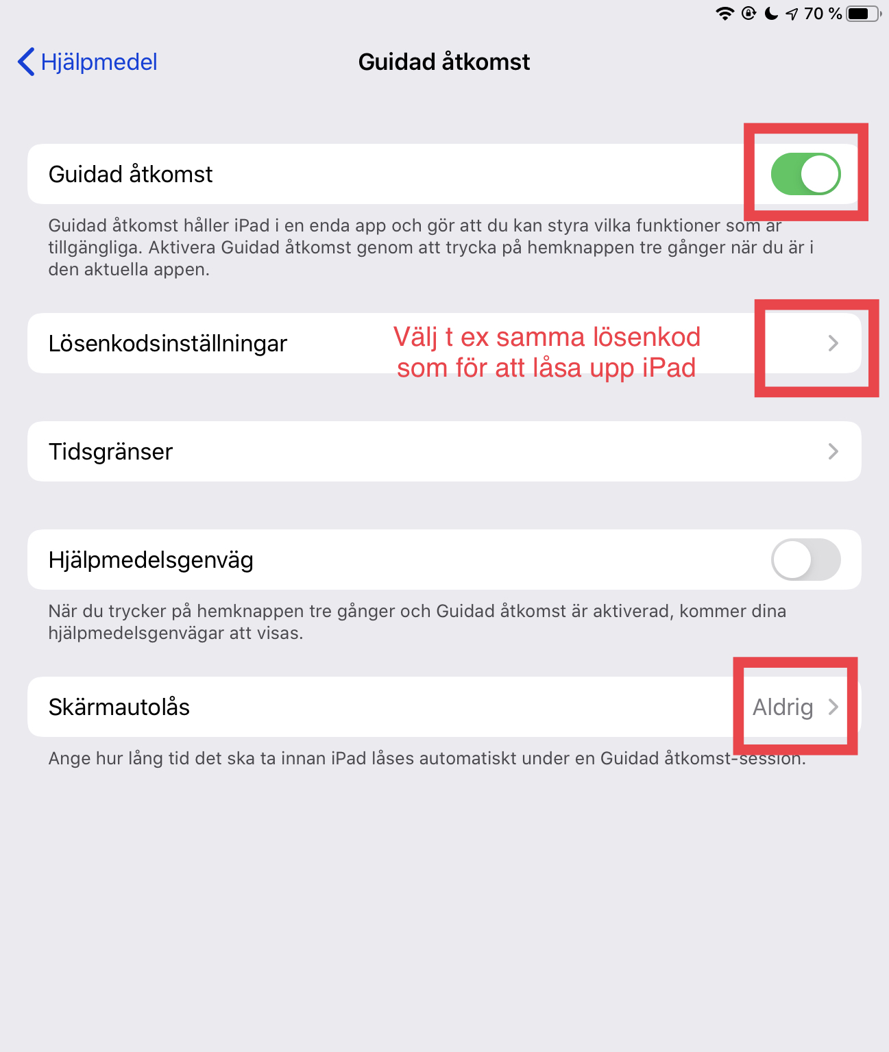 guidad åtkomst inställningar