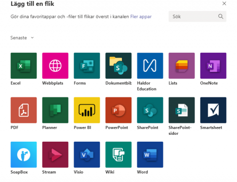 urval av flikar man kan skapa i teams