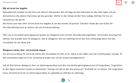 Bilden visar symbolen för textinställningar i Avancerad läsare. Den finns i övre högra hörnet och ser ut som två stora A. 