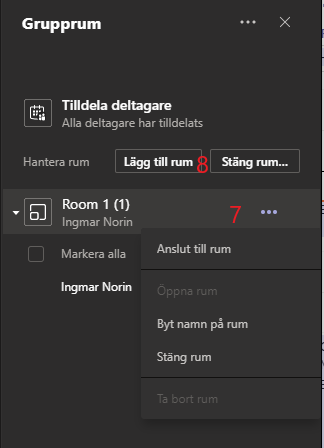 Bild som visar att jag klickar på de tre prickarna för att ansluta till grupprummet och hur jag kallar tillbaka deltagarna