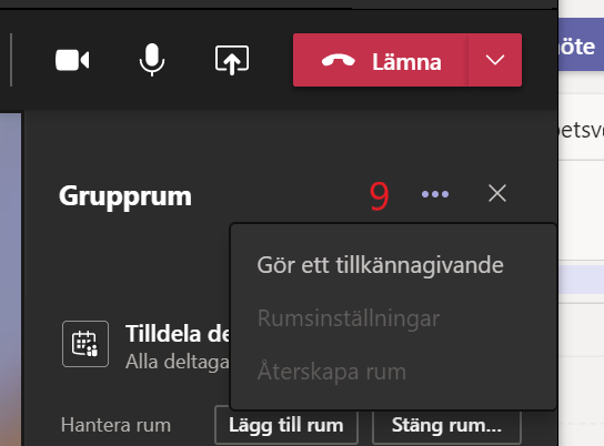 Vid överskriften grupprum finns det tre prickar där man klickar för att göra ett tillkännagivande, skicka ut meddelande till alla grupper