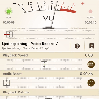 Skärmbild från appen Voice Record 7 där en mätare visar ljudvolymen.