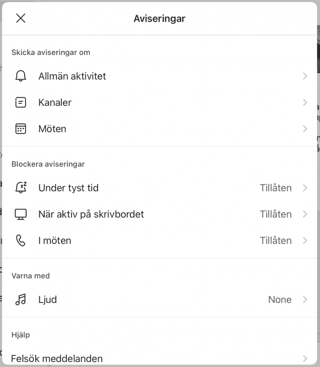 Visar aviseringsmenyn från Teams på iPad.