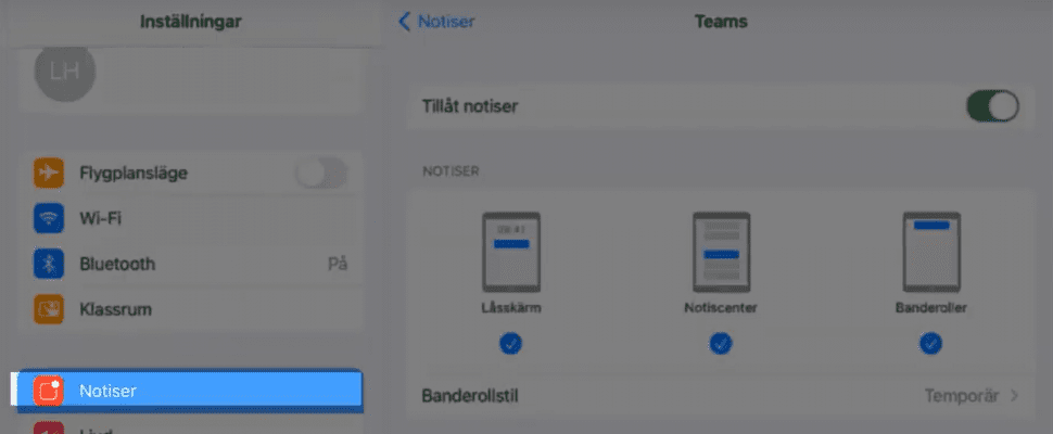 En skärmavbild av Inställningar på iPad där rubriken Notiser är upplyst.