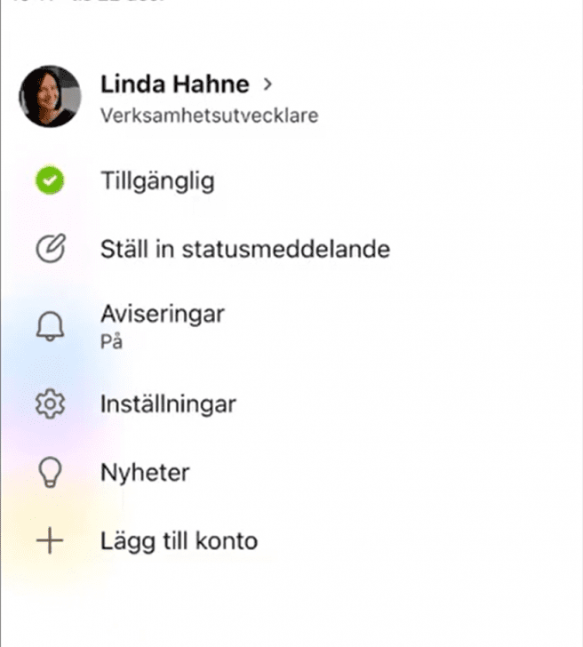 Alternativen för personliga inställningar i appen Teams. Status, aviseringar, inställningar och nyheter.