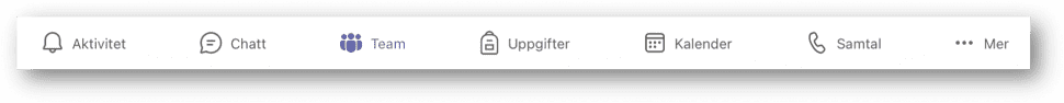 Ikonerna i appen Teams på iPad. Aktivitet, Chatt, Teams, Uppgifter, Kalender, Samtal,Mer