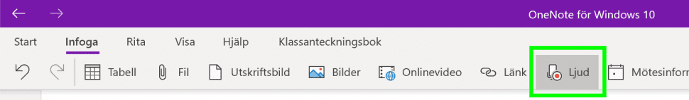 Menyalternativ i OneNote för ljudinspelning