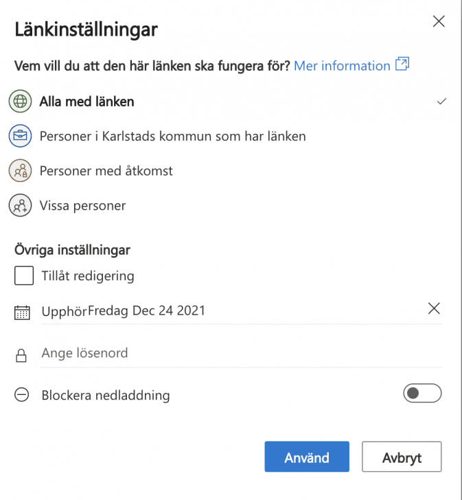 Vy fråbn OneDrive för att dela en fil.

