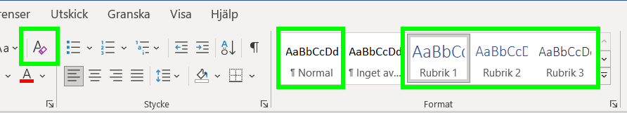 Verktygsknappar i Word.