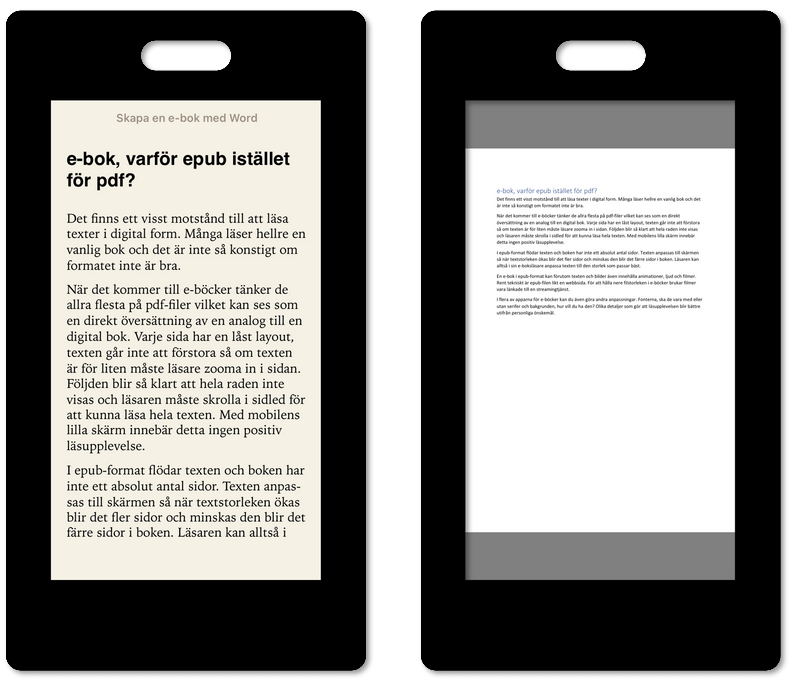 Jämförelse mellan epub- och pdf-fil i två mobiler.
