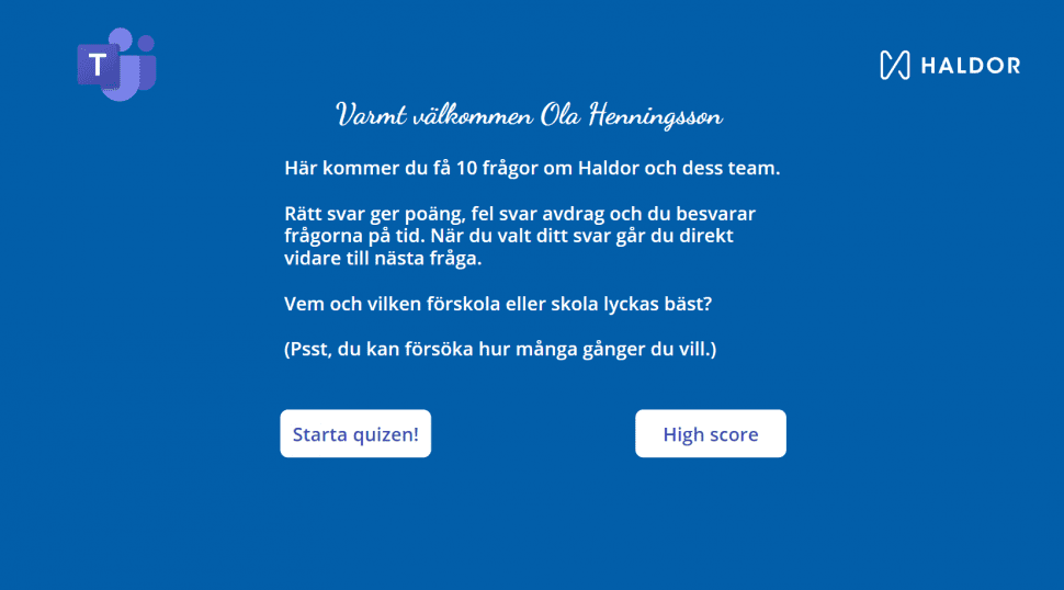 Startskärmen för Haldorquiz HT22.