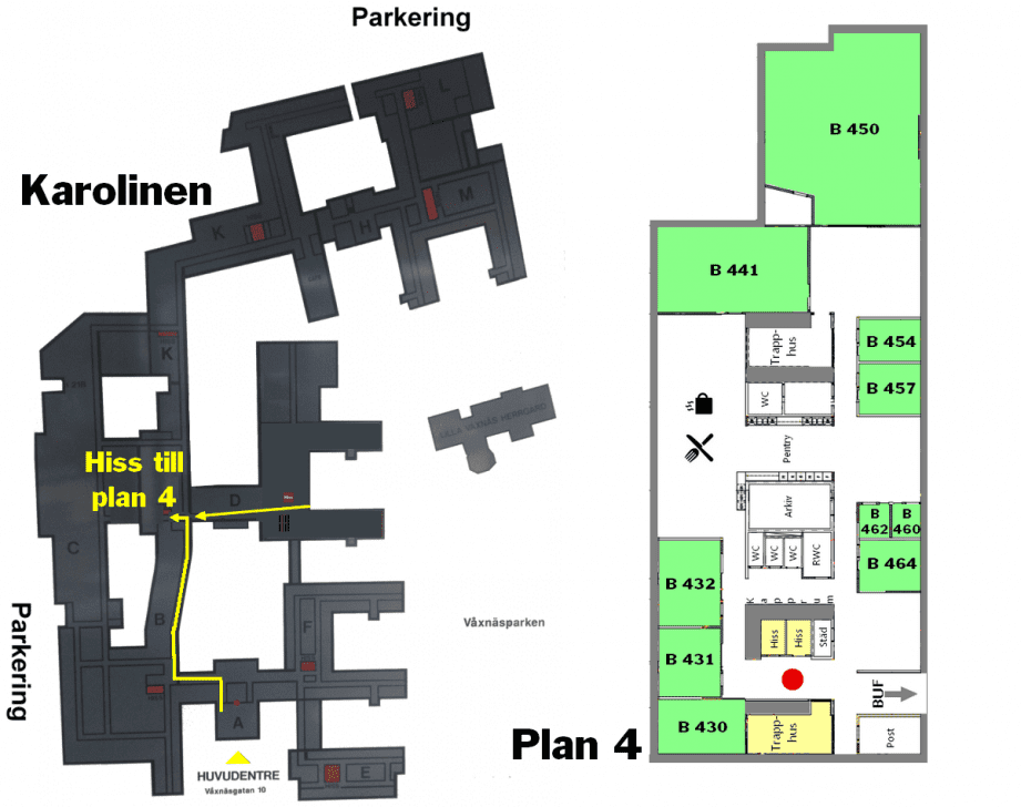 En karta för att hitta till Buf och GVF-staber på Karolinen samt över lokalerna på plan 4.
