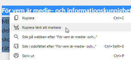 Meny för att länka till en text på en webbsida
