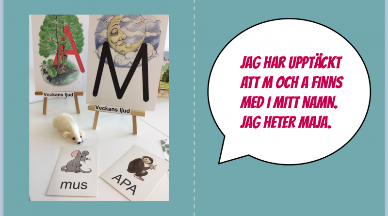 Exempel på boksida i Book Creator med foto av material kring bokstäverna A och M.