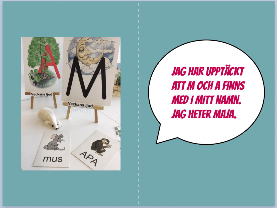 Exempel på boksida i Book Creator med foto av material kring bokstäverna A och M.