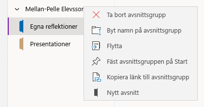 Meny för elevens avsnittsgrupp.