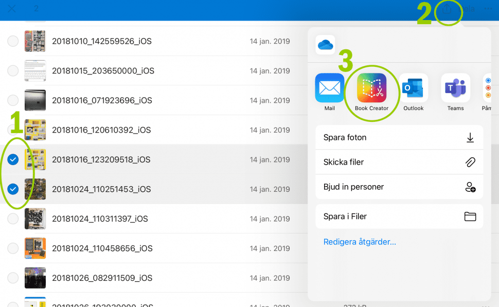 Bild på OneDrive där två filer ska delas in till Book Creator