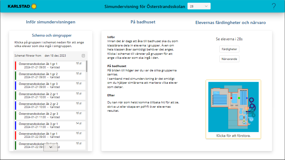 Första sidan i simappen med schema och information om simlektionerna i badhuset.
