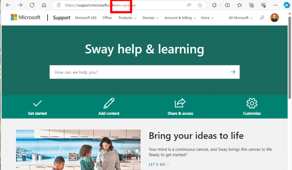 Microsoft supportsidan med engelsk text där url innehåller "en-us".