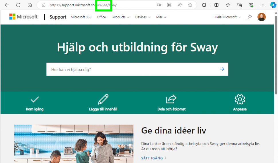 Microsoft supportsidan med svensk text där url innehåller "sv-se".