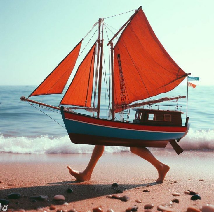AI genererad bild av en segelbåt med ben som går på en strand