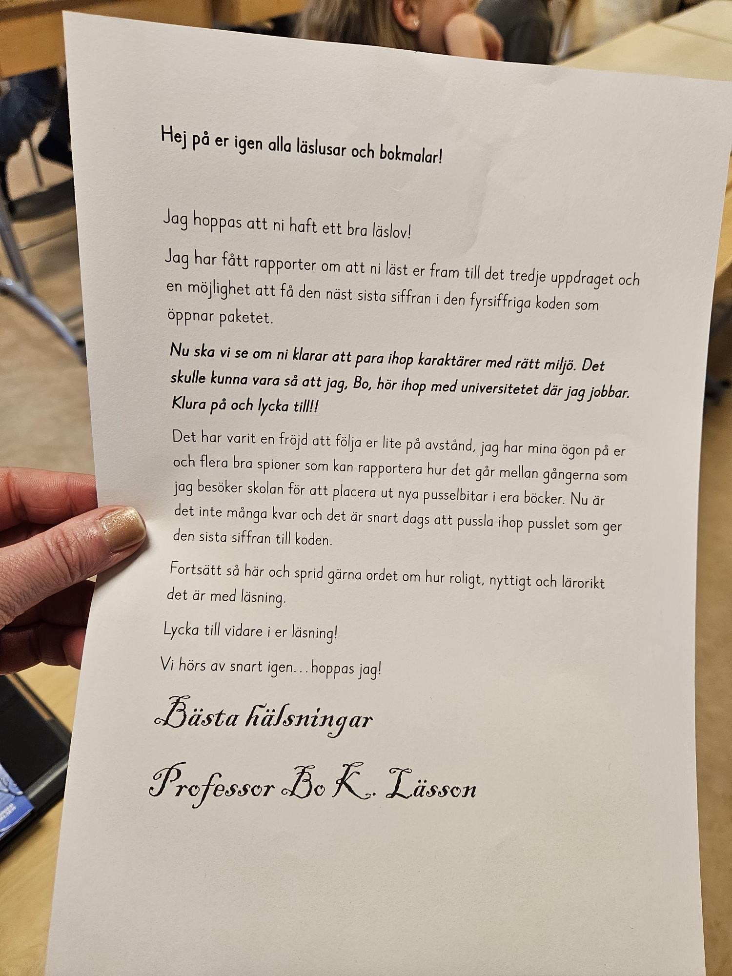 Ett brev till klassen med pepp och en utmaning.